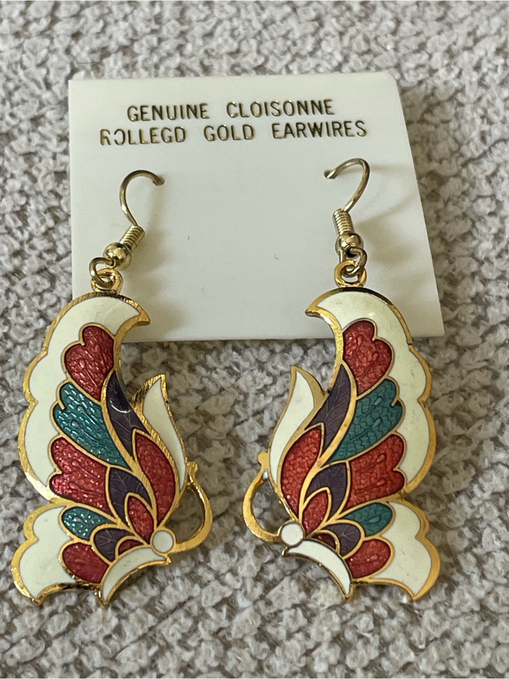 New Gold Cloisonné Multicolor Butterfly Drop Earrings - Rolled Gold Earwires